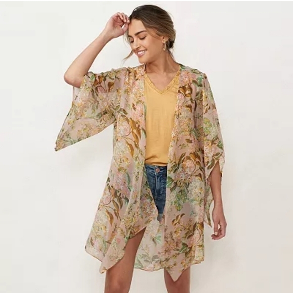 Lauren Conrad Florabelles Sheer Floral Print Wide Sleeve Open Lay Kimono - Sz 1X - Picture 1 of 6
